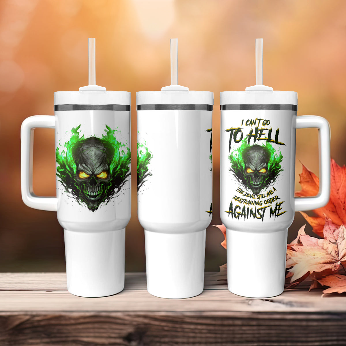 I Can't Go To Hell Fire Eyes Skull Tumbler With Handle - Wonder Print Shop
