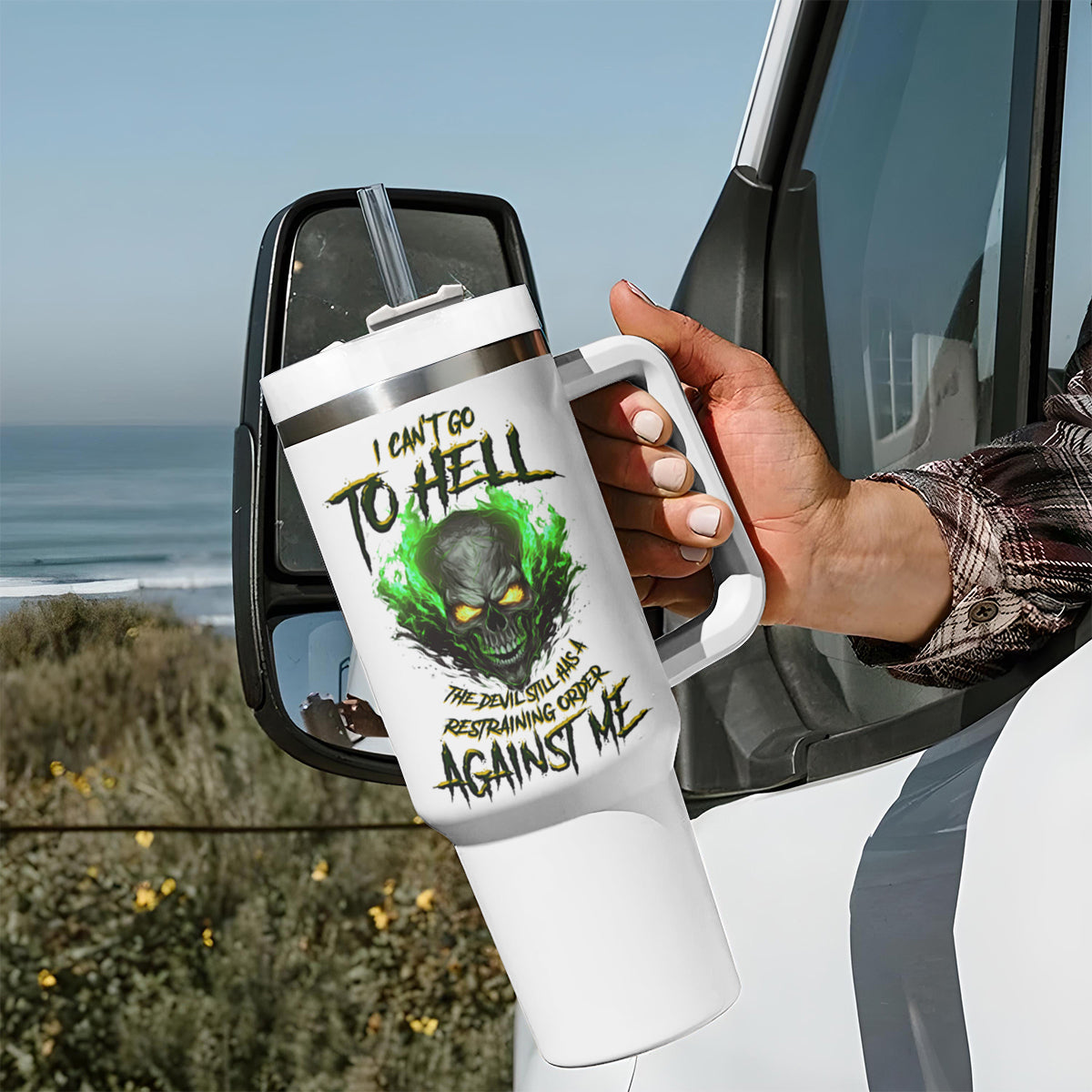 I Can't Go To Hell Fire Eyes Skull Tumbler With Handle - Wonder Print Shop