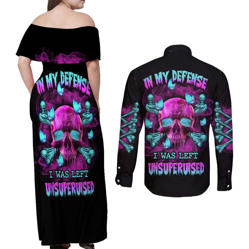 In My Defense I Was Left Unsupervised Couples Matching Off Shoulder Maxi Dress and Long Sleeve Button Shirt - Wonder Print Shop