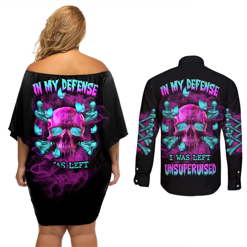 In My Defense I Was Left Unsupervised Couples Matching Off Shoulder Short Dress and Long Sleeve Button Shirt - Wonder Print Shop