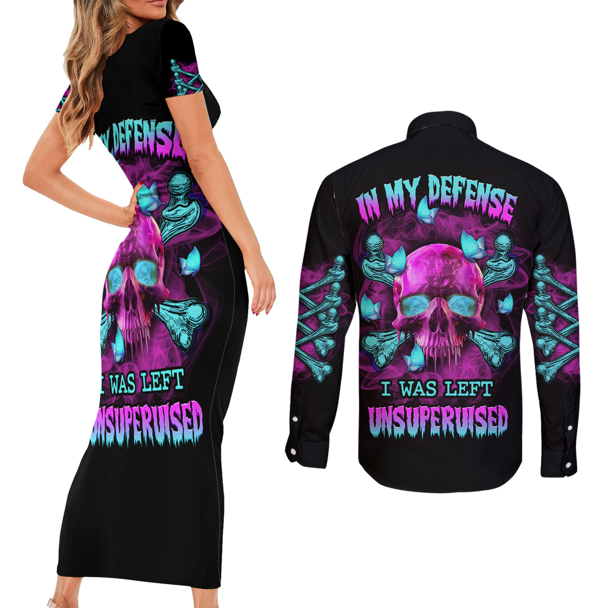 In My Defense I Was Left Unsupervised Couples Matching Short Sleeve Bodycon Dress and Long Sleeve Button Shirt - Wonder Print Shop