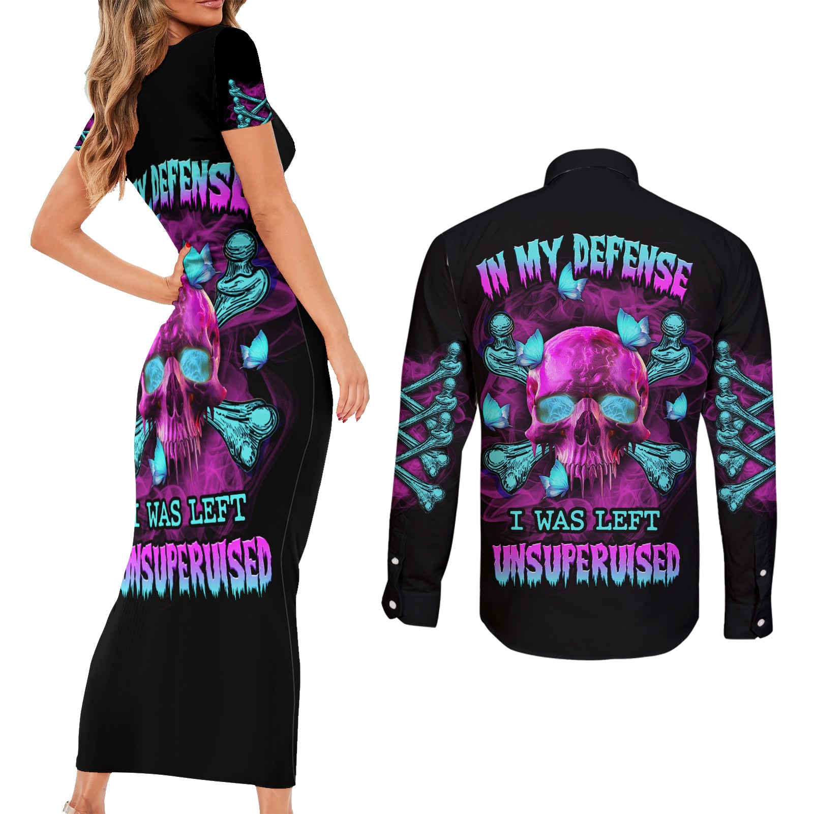In My Defense I Was Left Unsupervised Couples Matching Short Sleeve Bodycon Dress and Long Sleeve Button Shirt - Wonder Print Shop