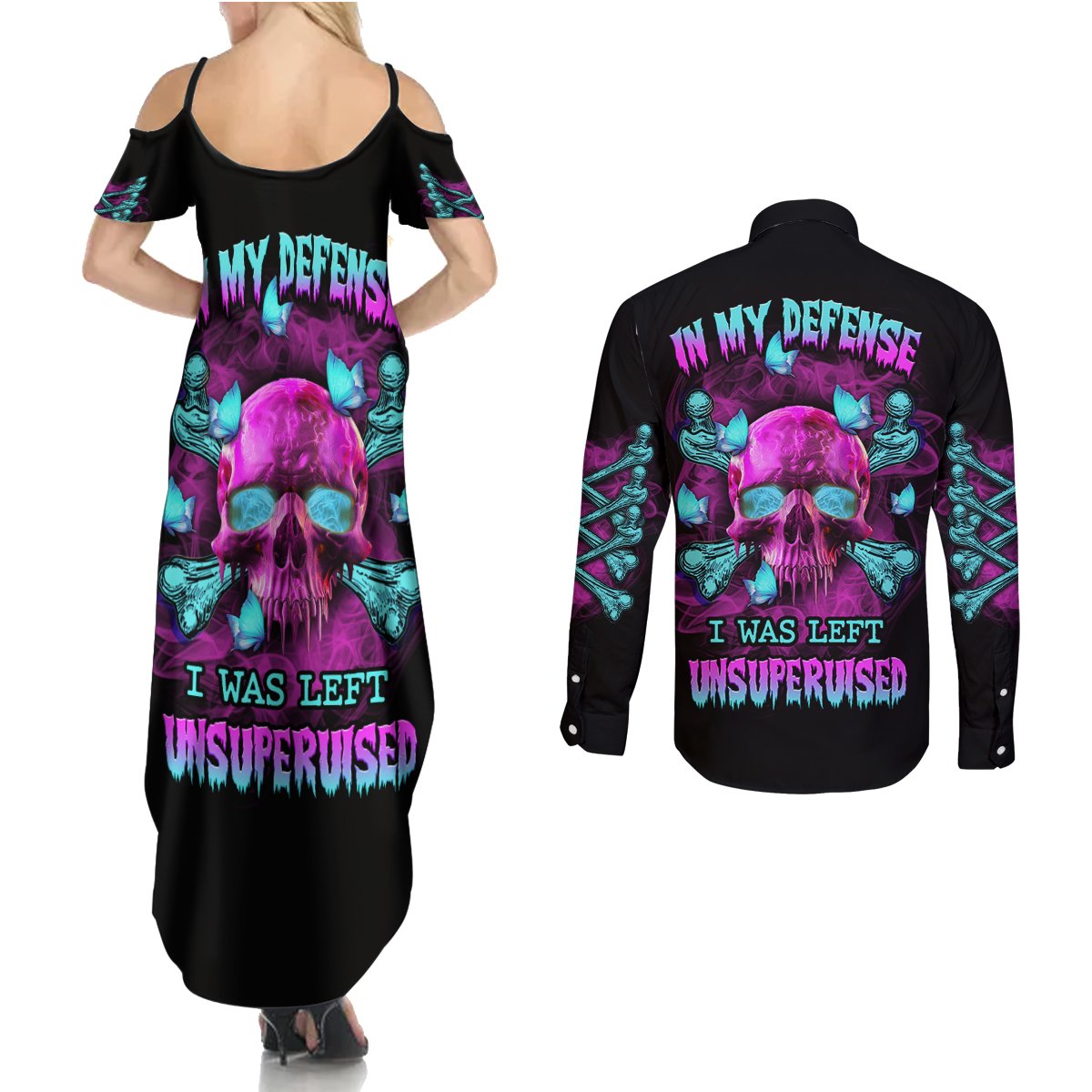 In My Defense I Was Left Unsupervised Couples Matching Summer Maxi Dress and Long Sleeve Button Shirt - Wonder Print Shop