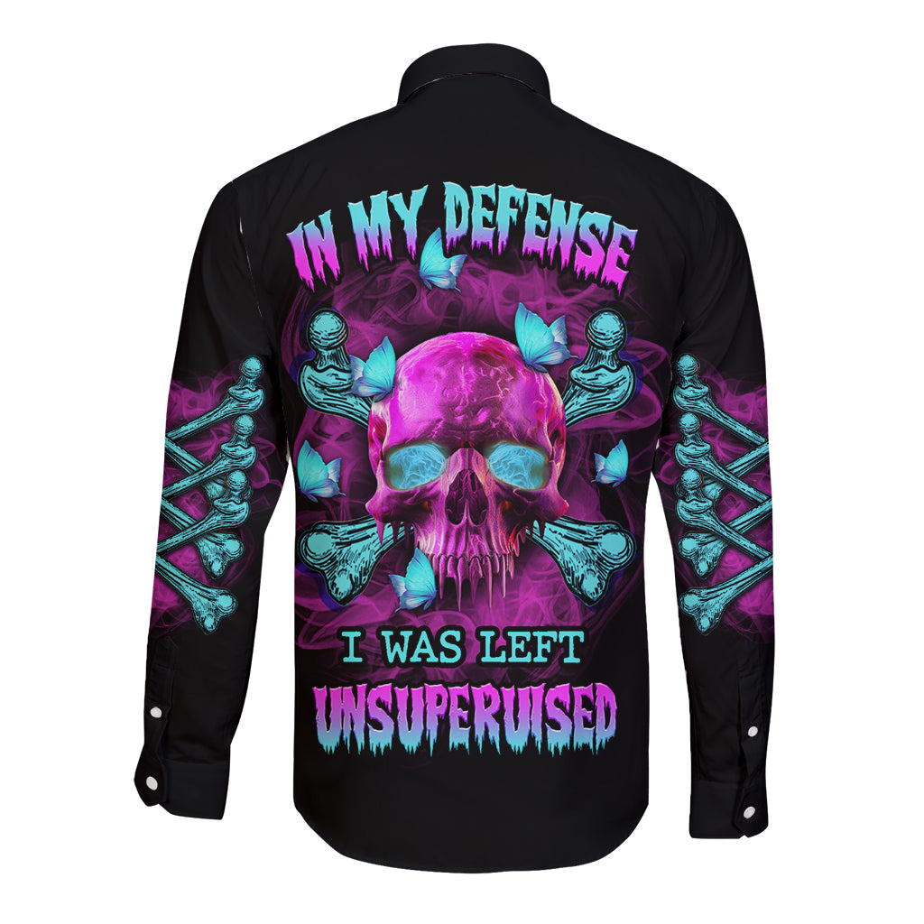 In My Defense I Was Left Unsupervised Long Sleeve Button Shirt - Wonder Print Shop
