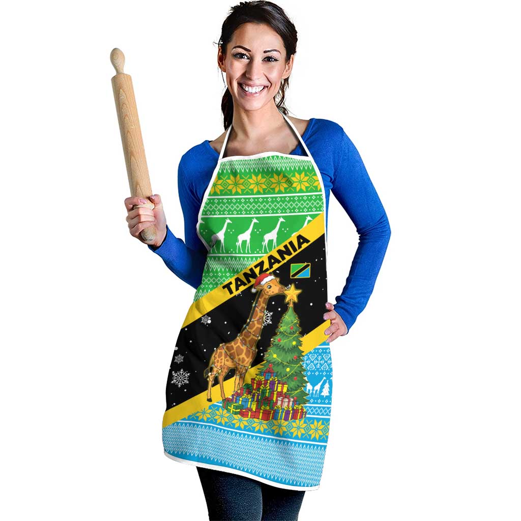 Tanzania Christmas Apron with Giraffe Christmas Tree Snowflakes and Flag - Wonder Print Shop
