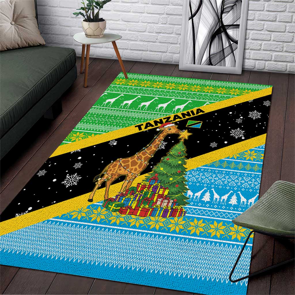 Tanzania Christmas Area Rug with Giraffe Christmas Tree Snowflakes and Flag - Wonder Print Shop