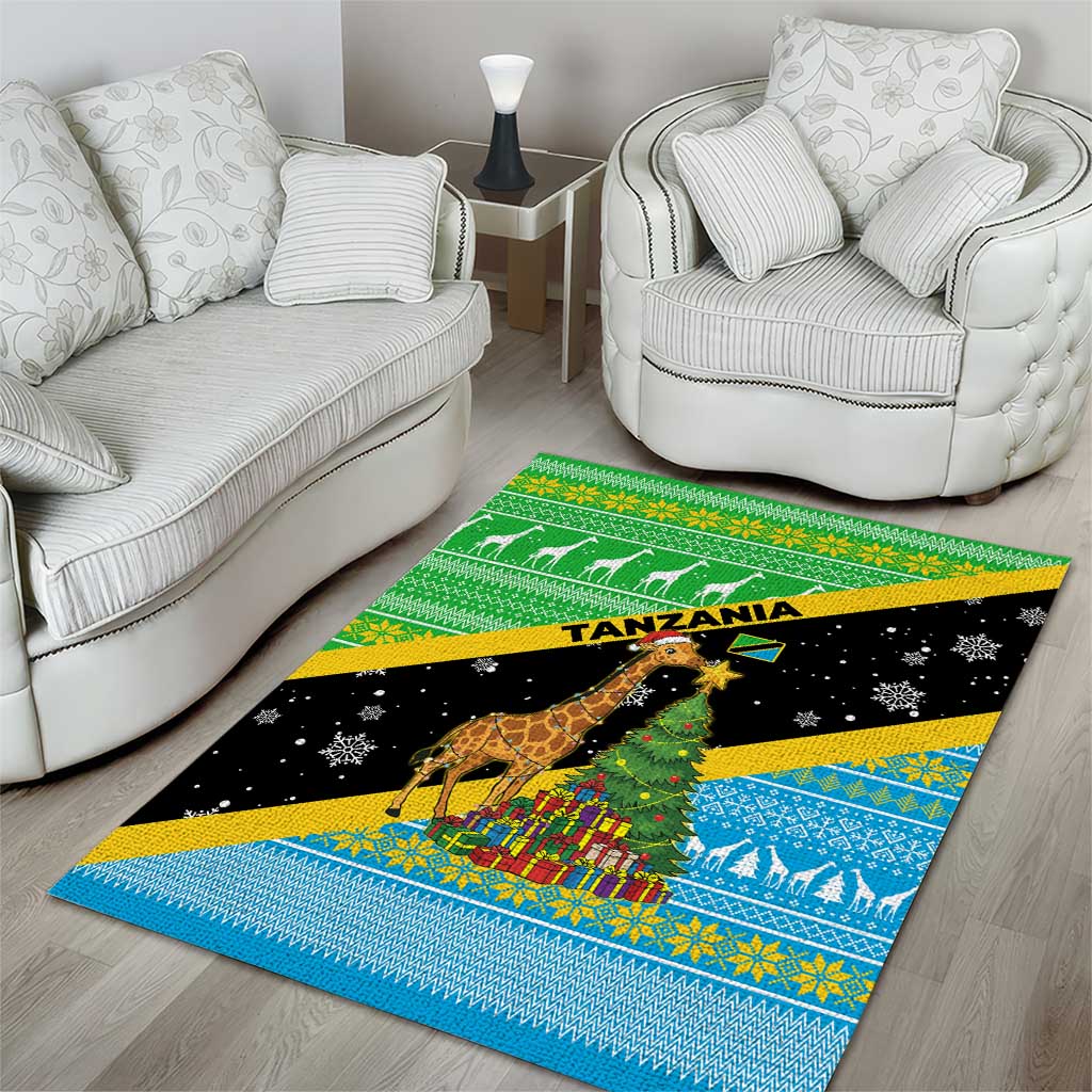 Tanzania Christmas Area Rug with Giraffe Christmas Tree Snowflakes and Flag - Wonder Print Shop