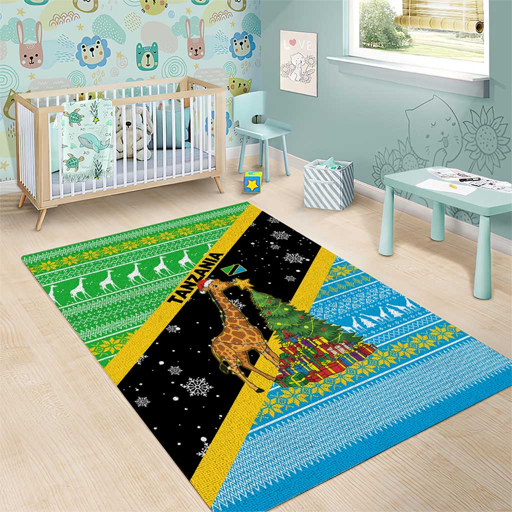 Tanzania Christmas Area Rug with Giraffe Christmas Tree Snowflakes and Flag - Wonder Print Shop