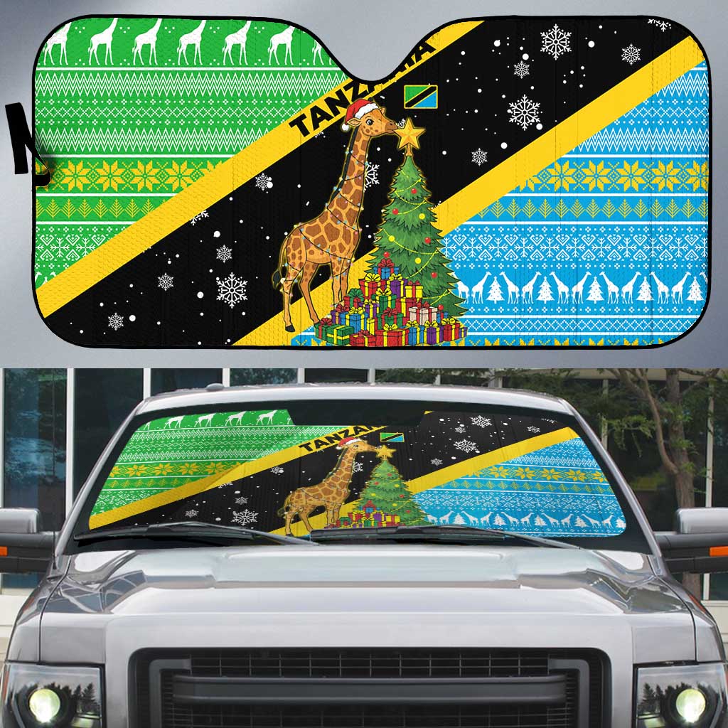 Tanzania Christmas Auto Sun Shade with Giraffe Christmas Tree Snowflakes and Flag - Wonder Print Shop