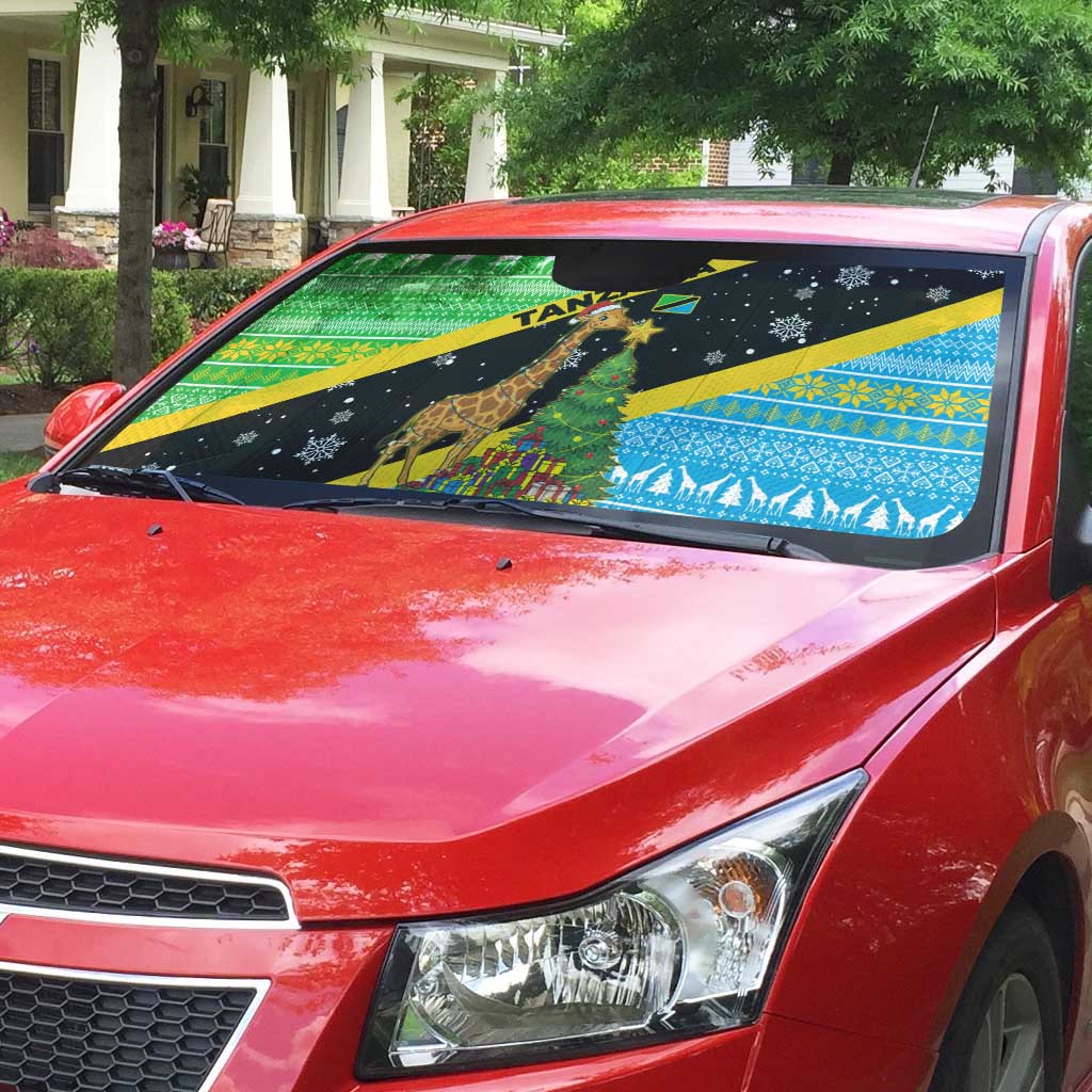 Tanzania Christmas Auto Sun Shade with Giraffe Christmas Tree Snowflakes and Flag - Wonder Print Shop