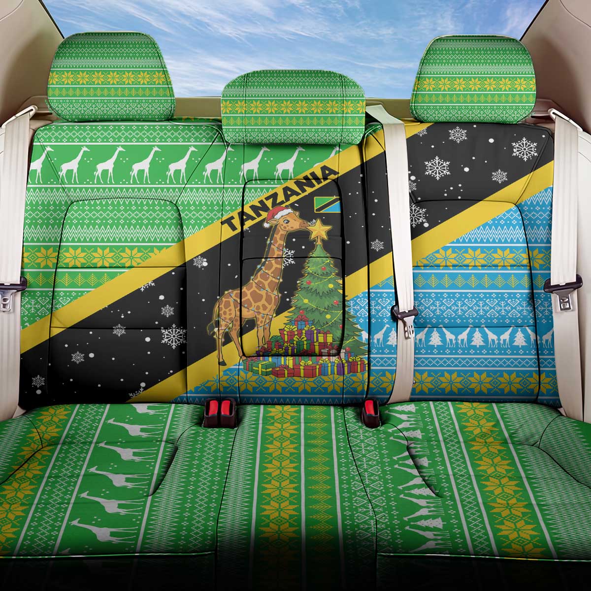 Tanzania Christmas Back Car Seat Cover with Giraffe Christmas Tree Snowflakes and Flag - Wonder Print Shop