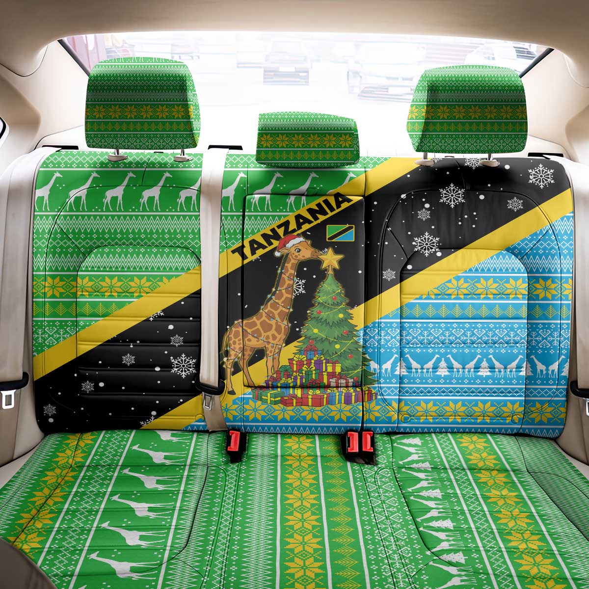 Tanzania Christmas Back Car Seat Cover with Giraffe Christmas Tree Snowflakes and Flag - Wonder Print Shop