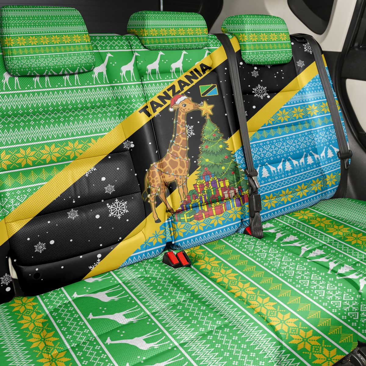 Tanzania Christmas Back Car Seat Cover with Giraffe Christmas Tree Snowflakes and Flag - Wonder Print Shop