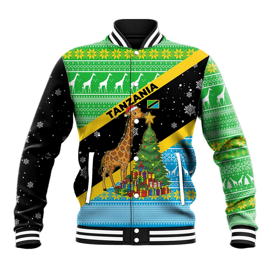 Tanzania Christmas Baseball Jacket with Giraffe Christmas Tree Snowflakes and Flag - Wonder Print Shop