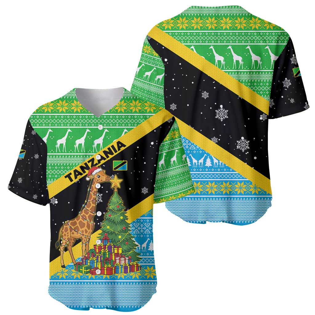 Tanzania Christmas Baseball Jersey with Giraffe Christmas Tree Snowflakes and Flag - Wonder Print Shop
