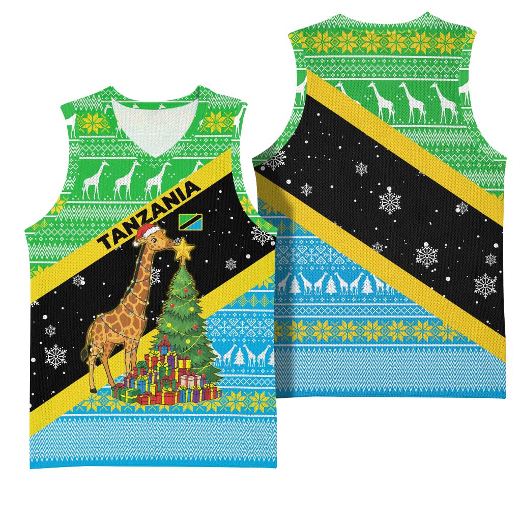 Tanzania Christmas Basketball Jersey with Giraffe Christmas Tree Snowflakes and Flag - Wonder Print Shop