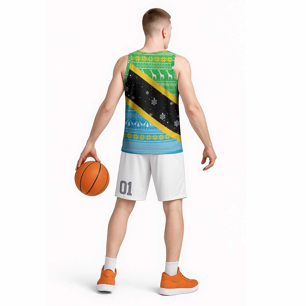 Tanzania Christmas Basketball Jersey with Giraffe Christmas Tree Snowflakes and Flag - Wonder Print Shop