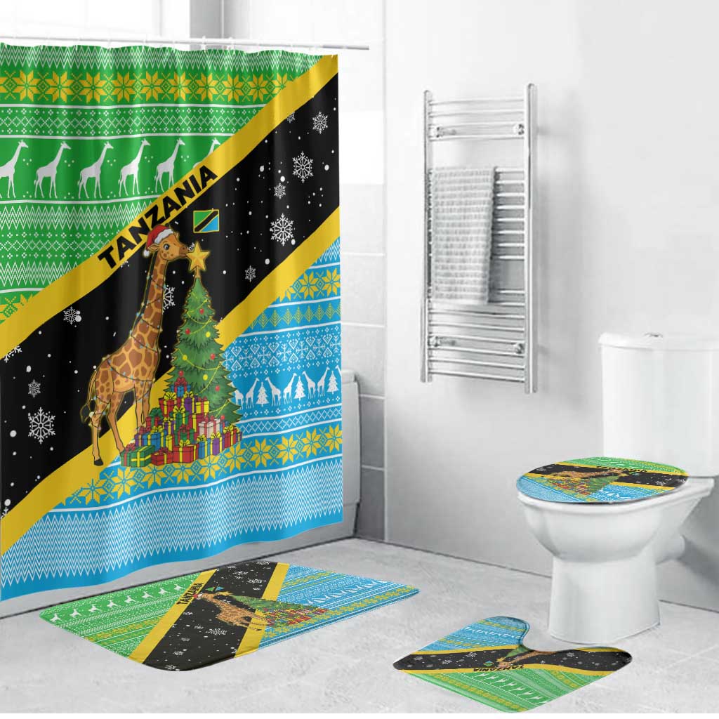 Tanzania Christmas Bathroom Set with Giraffe Christmas Tree Snowflakes and Flag - Wonder Print Shop