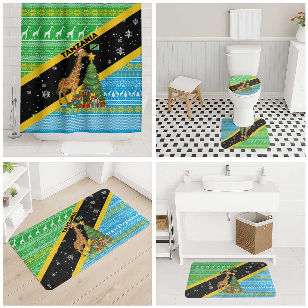 Tanzania Christmas Bathroom Set with Giraffe Christmas Tree Snowflakes and Flag - Wonder Print Shop