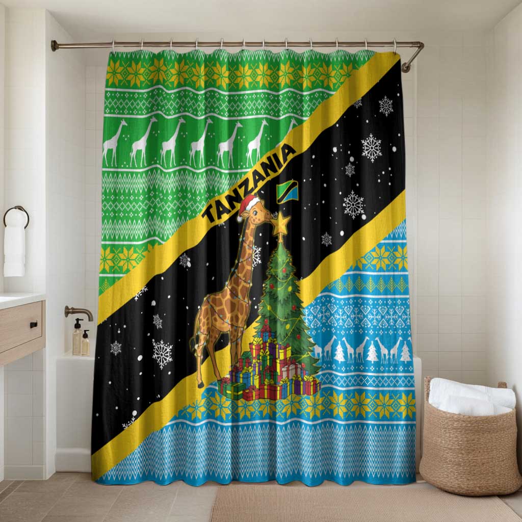 Tanzania Christmas Bathroom Set with Giraffe Christmas Tree Snowflakes and Flag - Wonder Print Shop