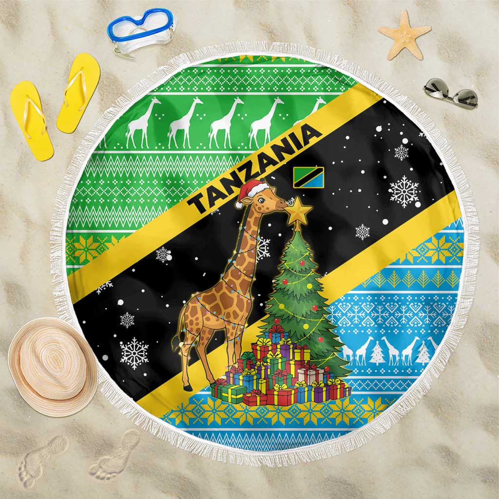 Tanzania Christmas Beach Blanket with Giraffe Christmas Tree Snowflakes and Flag - Wonder Print Shop