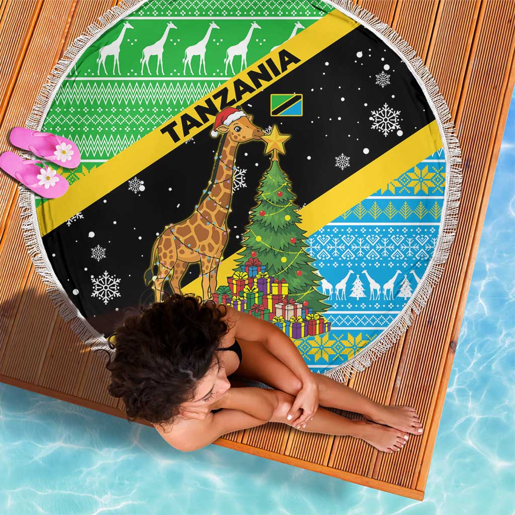 Tanzania Christmas Beach Blanket with Giraffe Christmas Tree Snowflakes and Flag - Wonder Print Shop