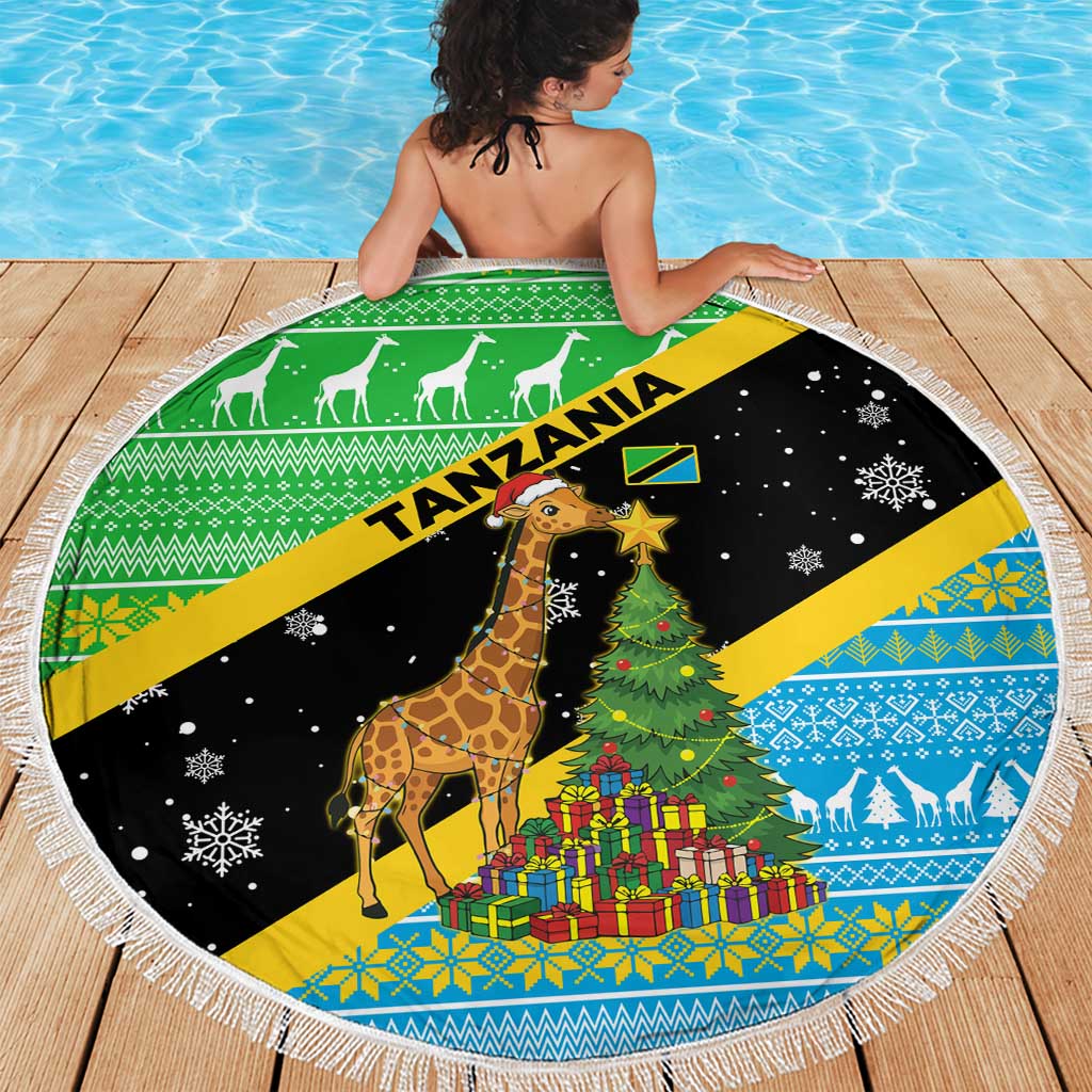 Tanzania Christmas Beach Blanket with Giraffe Christmas Tree Snowflakes and Flag - Wonder Print Shop