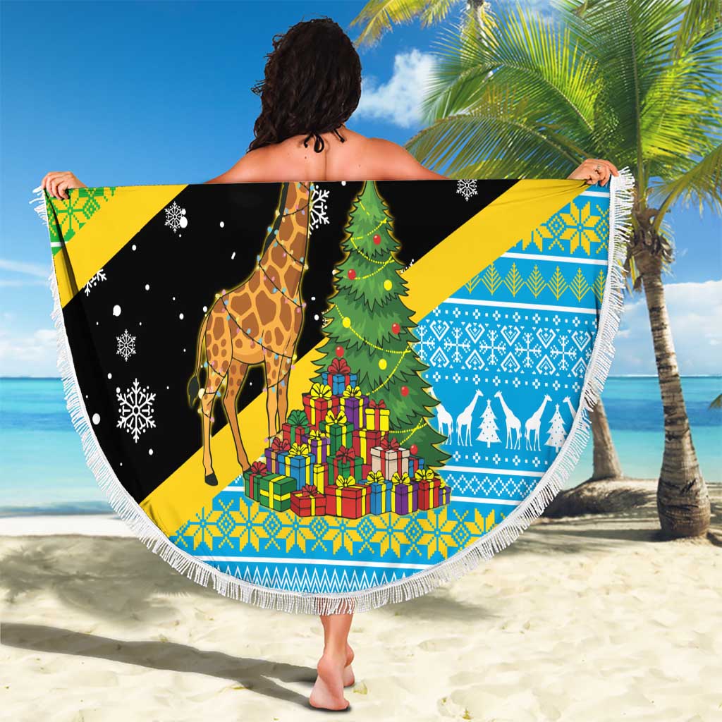Tanzania Christmas Beach Blanket with Giraffe Christmas Tree Snowflakes and Flag - Wonder Print Shop