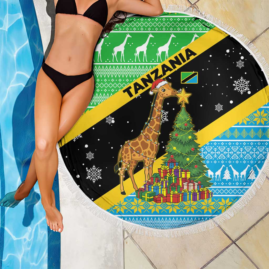 Tanzania Christmas Beach Blanket with Giraffe Christmas Tree Snowflakes and Flag - Wonder Print Shop