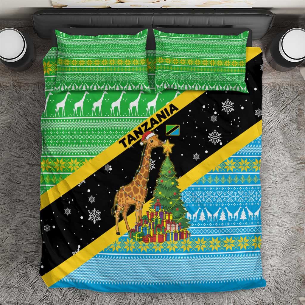 Tanzania Christmas Bedding Set with Giraffe Christmas Tree Snowflakes and Flag - Wonder Print Shop