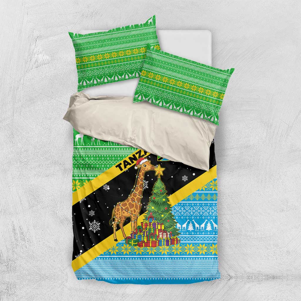 Tanzania Christmas Bedding Set with Giraffe Christmas Tree Snowflakes and Flag - Wonder Print Shop