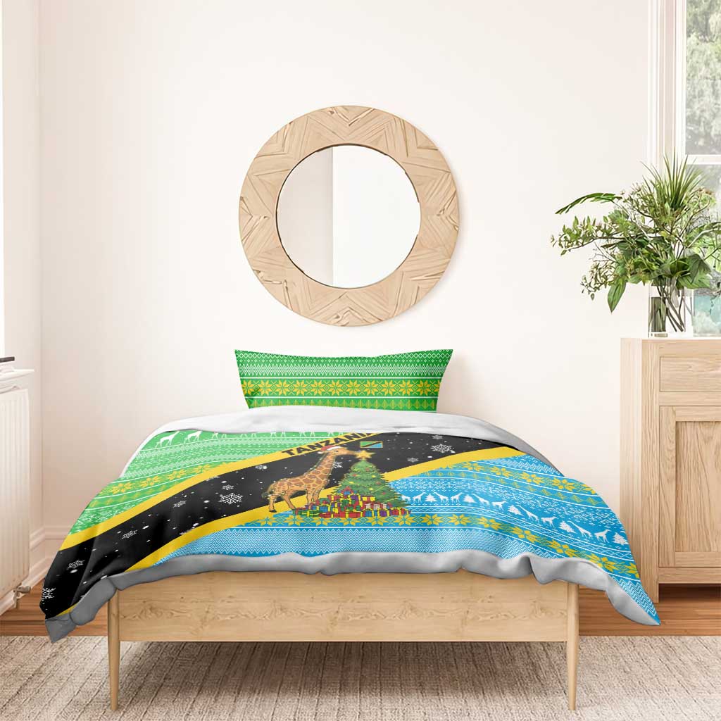 Tanzania Christmas Bedding Set with Giraffe Christmas Tree Snowflakes and Flag - Wonder Print Shop
