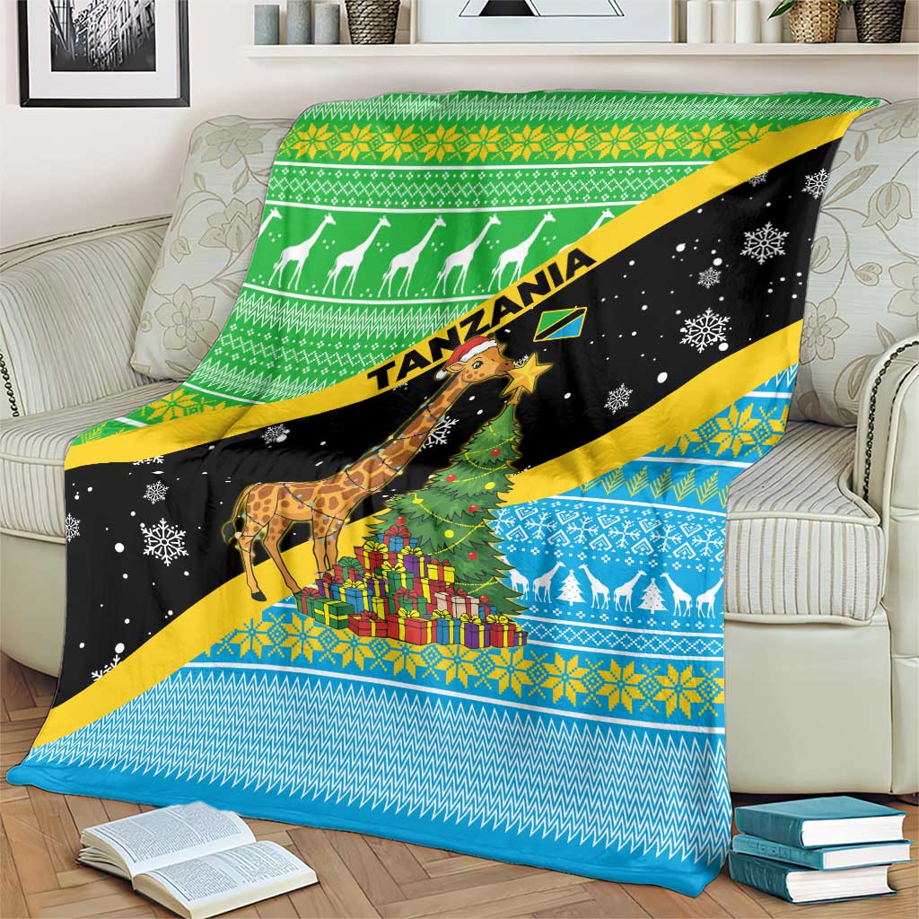 Tanzania Christmas Blanket with Giraffe Christmas Tree Snowflakes and Flag - Wonder Print Shop
