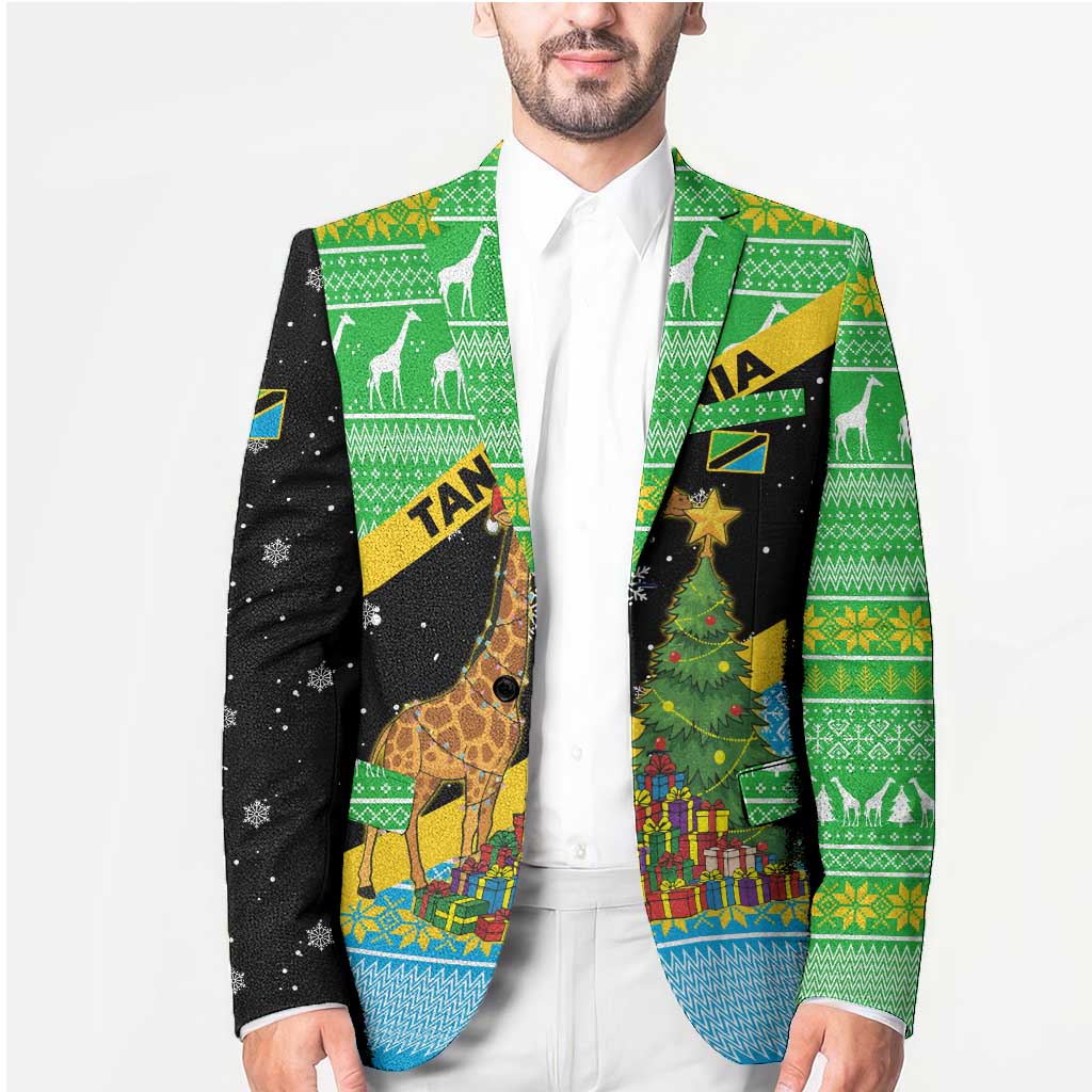 Tanzania Christmas Blazer with Giraffe Christmas Tree Snowflakes and Flag - Wonder Print Shop
