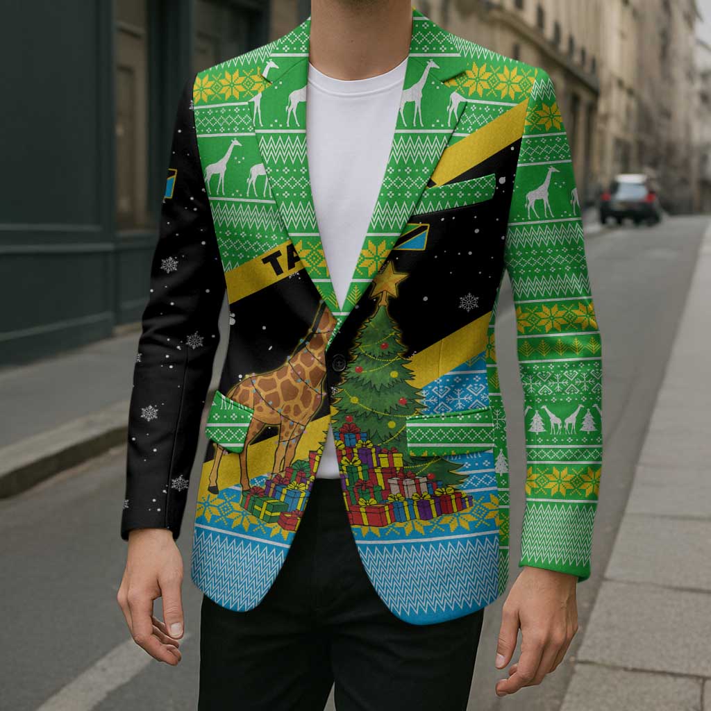 Tanzania Christmas Blazer with Giraffe Christmas Tree Snowflakes and Flag - Wonder Print Shop