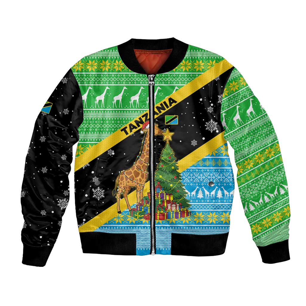 Tanzania Christmas Bomber Jacket with Giraffe Christmas Tree Snowflakes and Flag - Wonder Print Shop