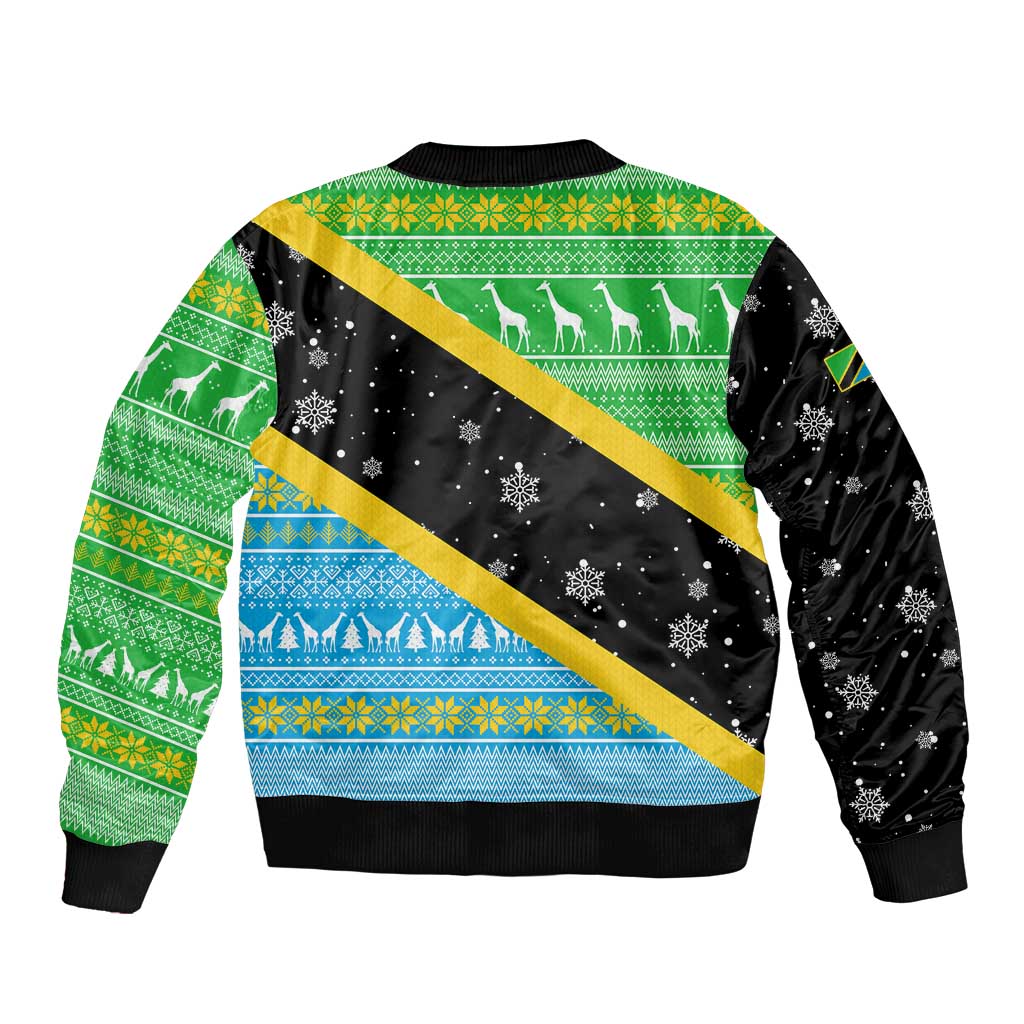 Tanzania Christmas Bomber Jacket with Giraffe Christmas Tree Snowflakes and Flag - Wonder Print Shop