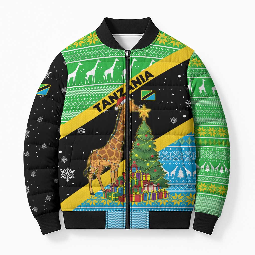 Tanzania Christmas Bomber Puffer Jacket with Giraffe Christmas Tree Snowflakes and Flag - Wonder Print Shop