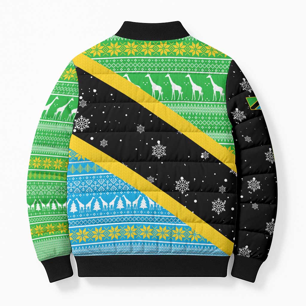 Tanzania Christmas Bomber Puffer Jacket with Giraffe Christmas Tree Snowflakes and Flag - Wonder Print Shop