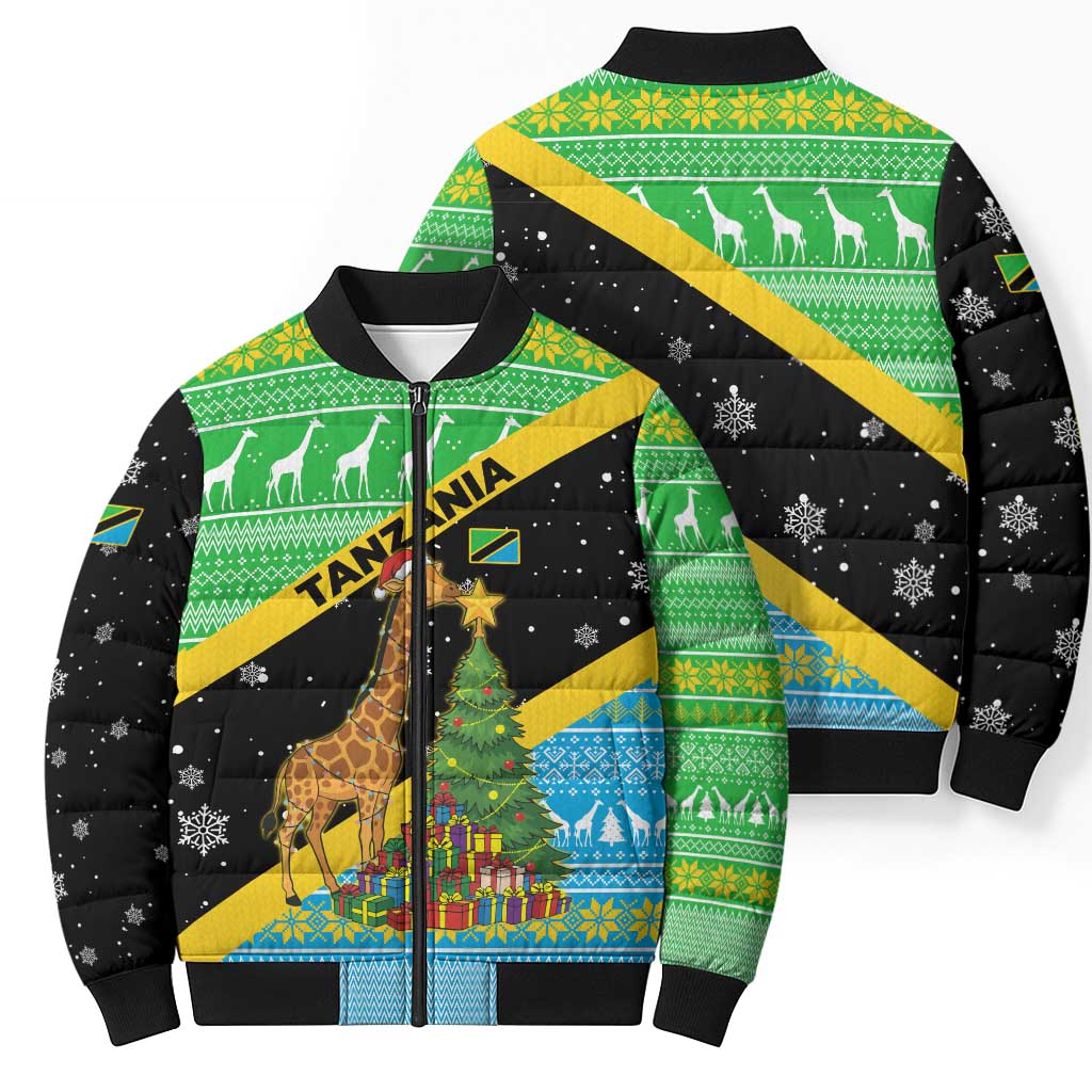 Tanzania Christmas Bomber Puffer Jacket with Giraffe Christmas Tree Snowflakes and Flag - Wonder Print Shop