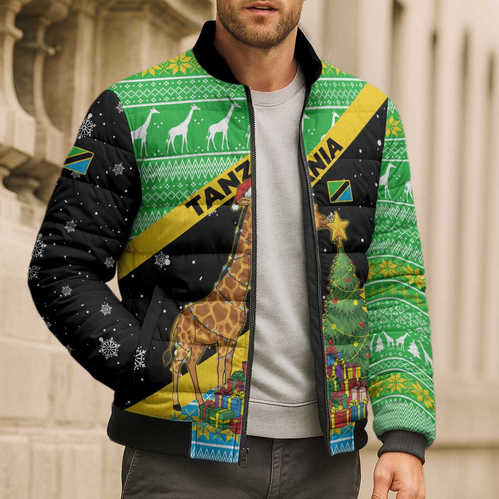 Tanzania Christmas Bomber Puffer Jacket with Giraffe Christmas Tree Snowflakes and Flag - Wonder Print Shop
