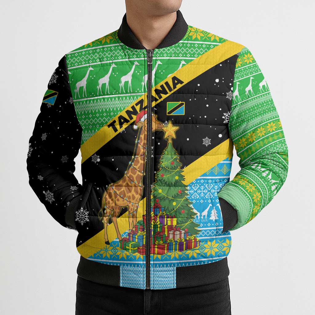 Tanzania Christmas Bomber Puffer Jacket with Giraffe Christmas Tree Snowflakes and Flag - Wonder Print Shop