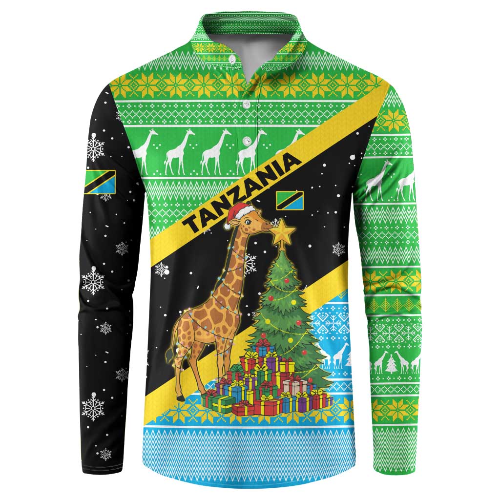 Tanzania Christmas Button Sweatshirt with Giraffe Christmas Tree Snowflakes and Flag - Wonder Print Shop