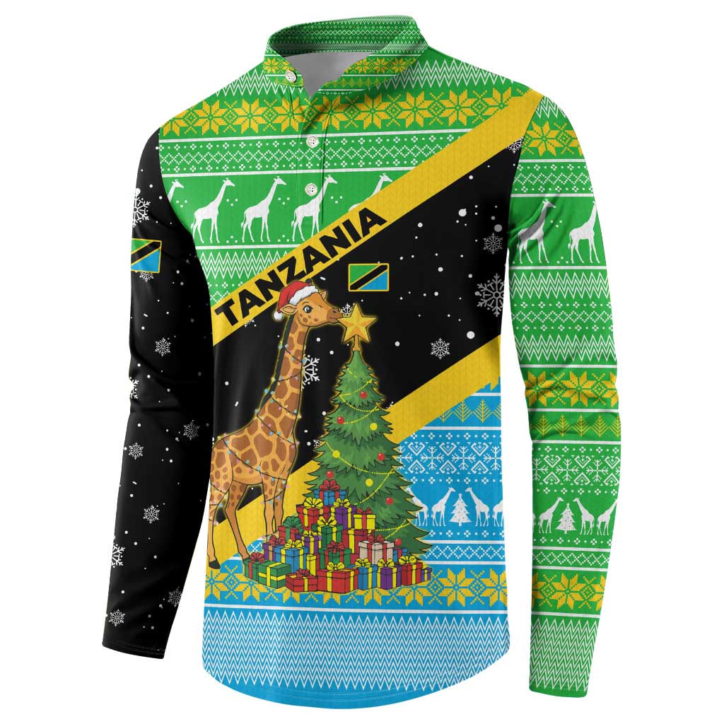 Tanzania Christmas Button Sweatshirt with Giraffe Christmas Tree Snowflakes and Flag - Wonder Print Shop