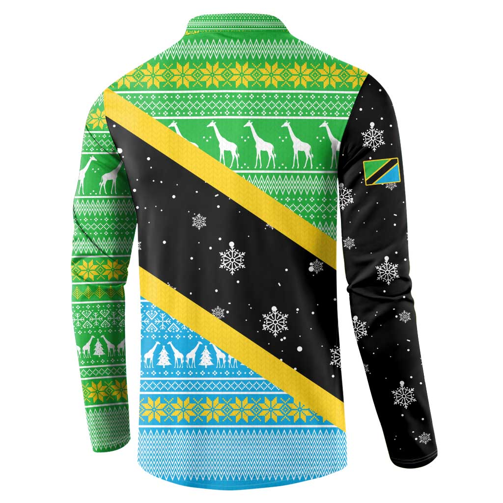 Tanzania Christmas Button Sweatshirt with Giraffe Christmas Tree Snowflakes and Flag - Wonder Print Shop