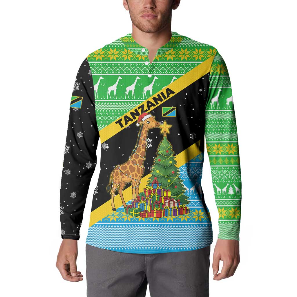Tanzania Christmas Button Sweatshirt with Giraffe Christmas Tree Snowflakes and Flag - Wonder Print Shop