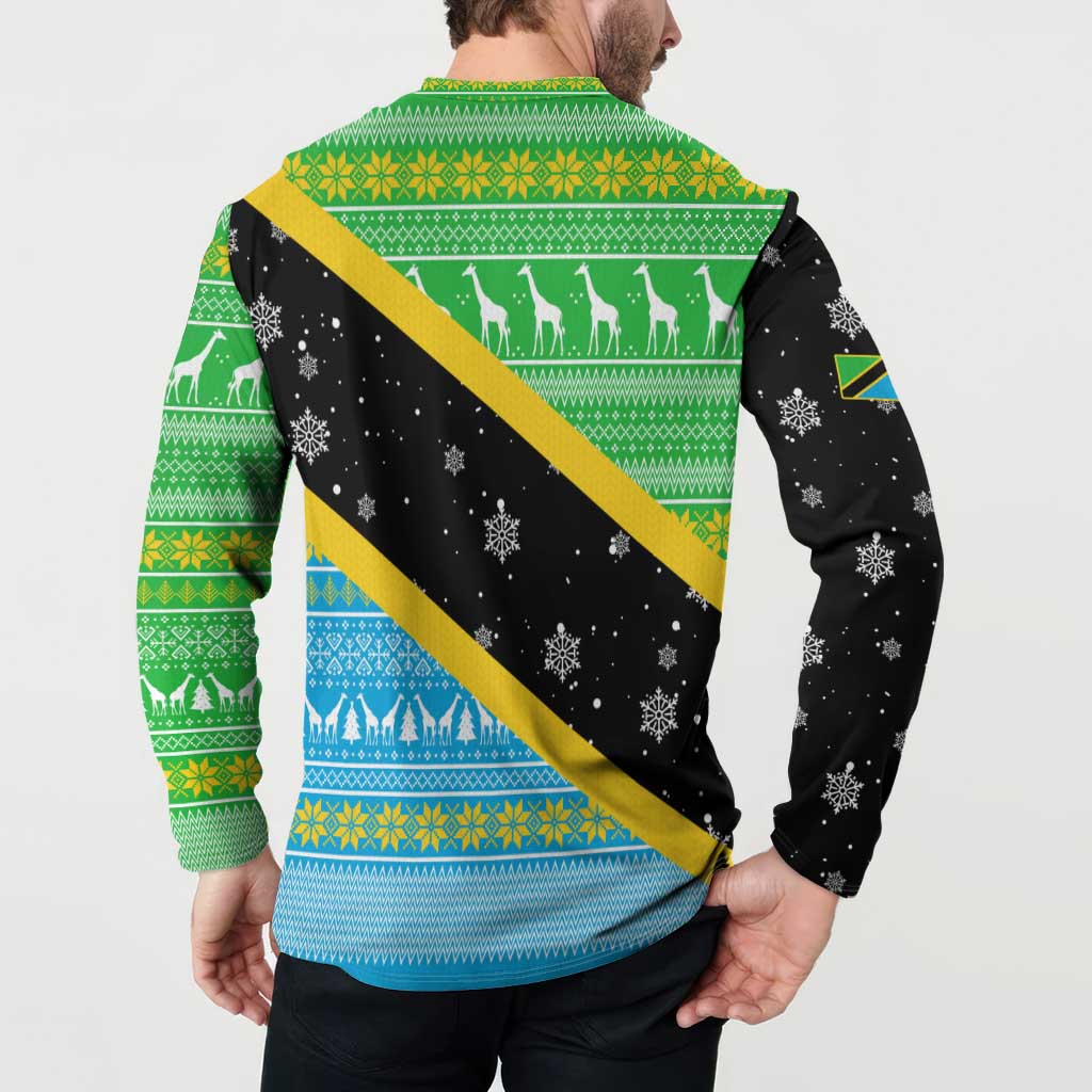 Tanzania Christmas Button Sweatshirt with Giraffe Christmas Tree Snowflakes and Flag - Wonder Print Shop