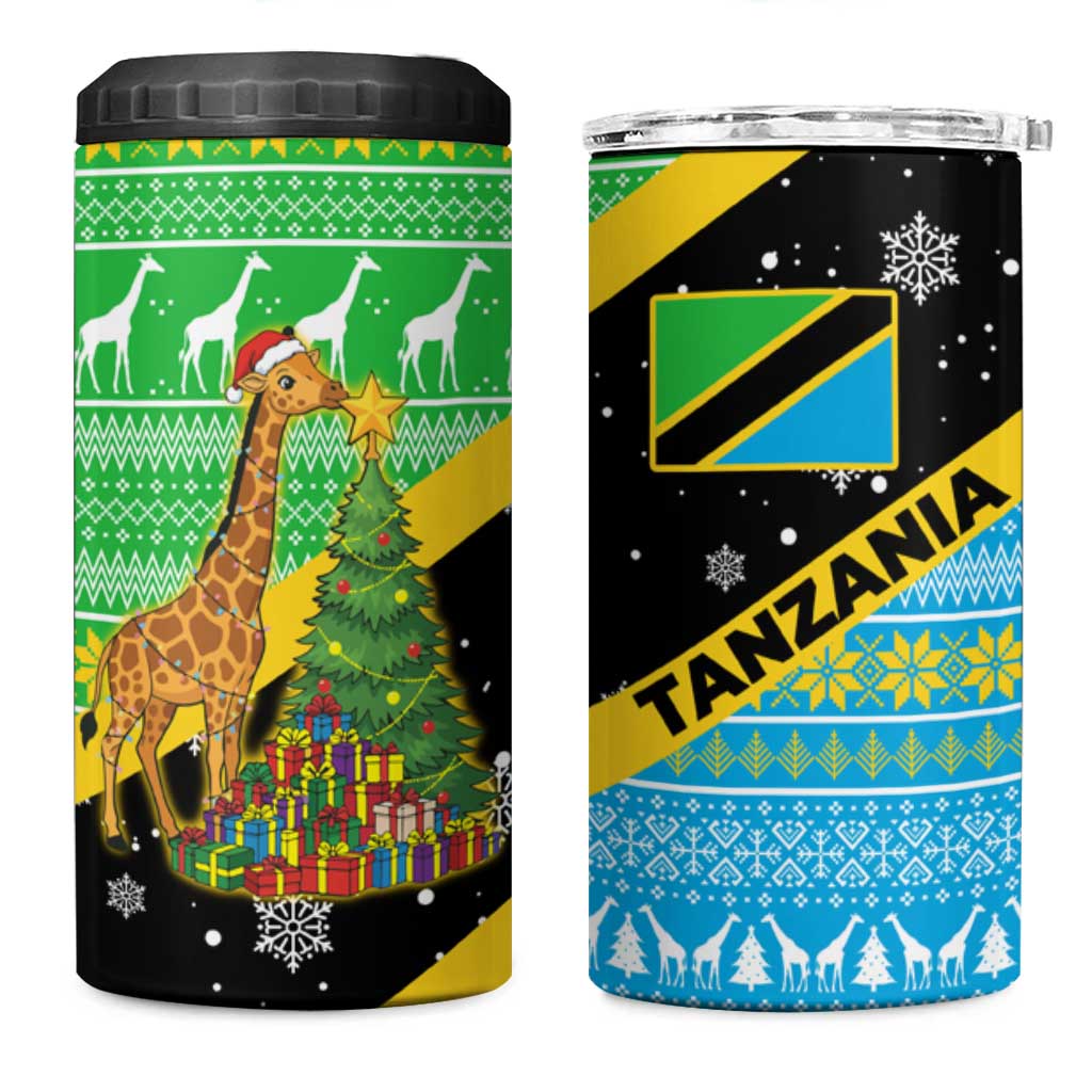 Tanzania Christmas 4 in 1 Can Cooler Tumbler with Giraffe Christmas Tree Snowflakes and Flag - Wonder Print Shop
