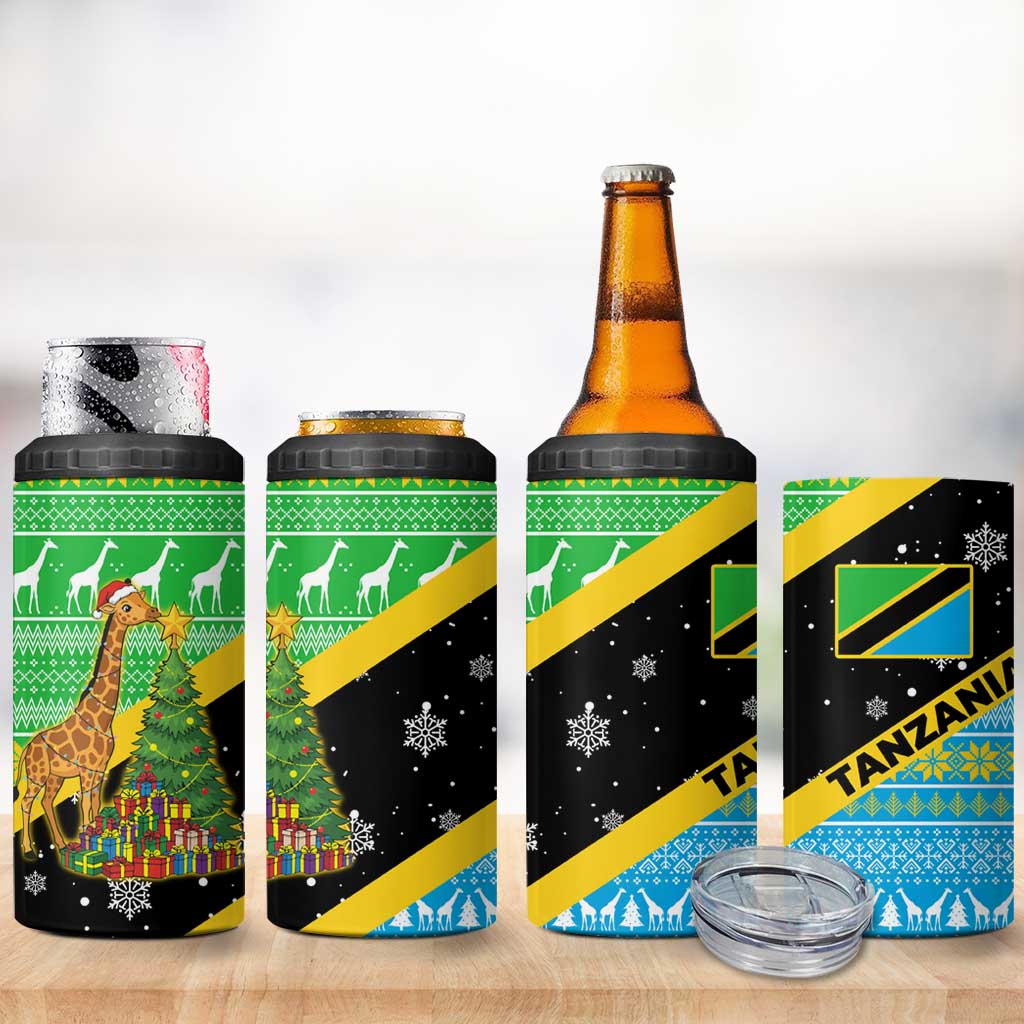 Tanzania Christmas 4 in 1 Can Cooler Tumbler with Giraffe Christmas Tree Snowflakes and Flag - Wonder Print Shop