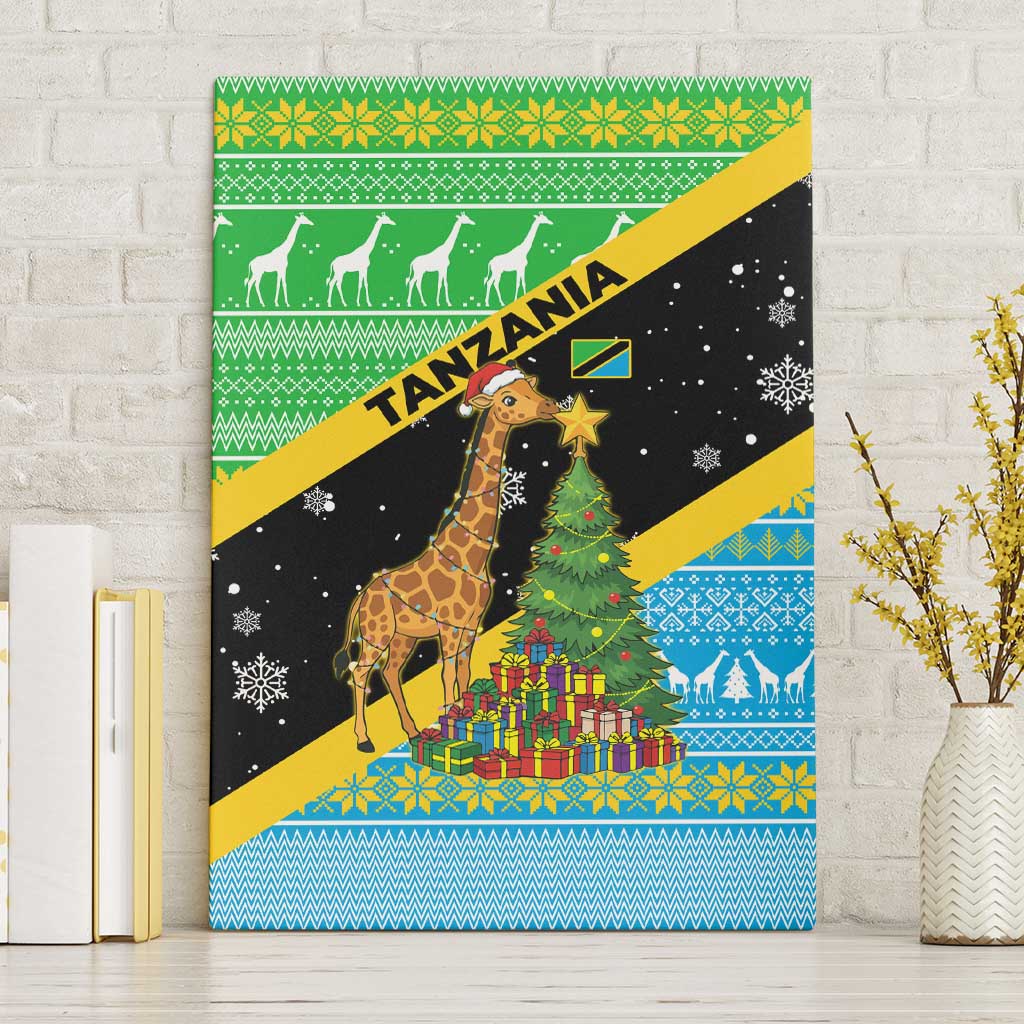 Tanzania Christmas Canvas Wall Art with Giraffe Christmas Tree Snowflakes and Flag - Wonder Print Shop
